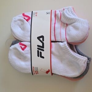 FILA Kids (Girl) No Show Socks 10-Pack Size 4-10 White Pink Grey Solid Stripped